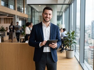 Fototapeta premium Smiling professional businessman holding digital tablet in modern office