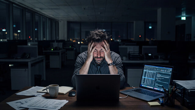 Stressed businessman sitting alone at his desk in a dark office late at night with laptops and papers scattered around him looking frustrated and overwhelmed.