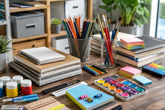 Colorful school art supplies on wooden desk with pencils, markers and stationery, creative education workspace with copy space