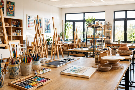 Bright art classroom with easels, painting supplies and creative learning workspace in modern school studio