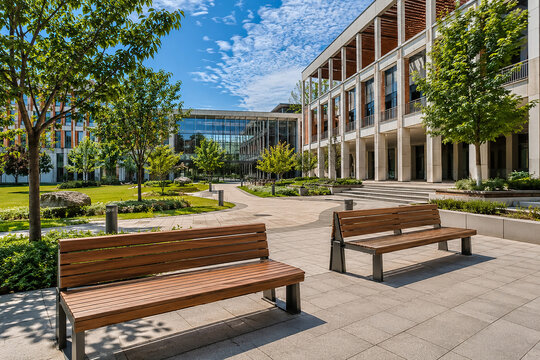 Contemporary college campus courtyard with academic buildings, benches, green landscape and bright summer atmosphere