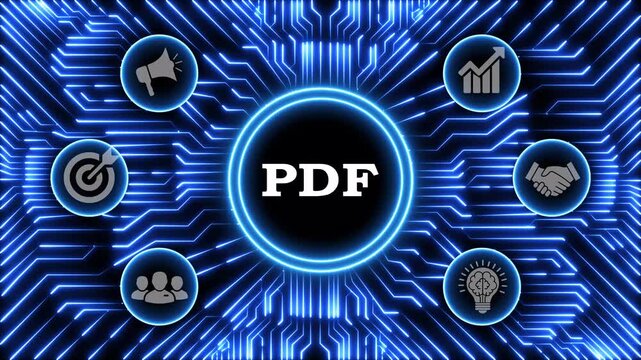Digital pdf document file concept animation over glowing blue circuit board grid.