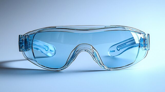 Clear safety glasses, studio shot, blue background, lab use