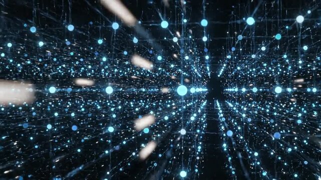 Expansive digital network of glowing blue spheres and light trails extending into the distance with a bright central light source
