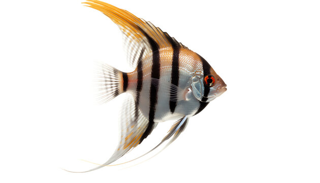 Striped angelfish swimming in profile, elegant freshwater pterophyllum scalare with long fins, tropical aquarium fish with black and silver markings isolated on Transparent Background