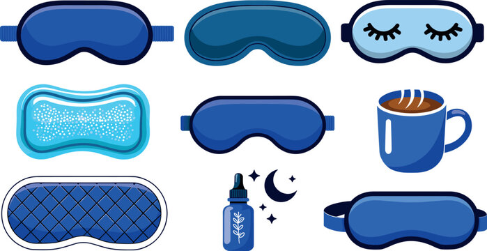 Sleep Mask Vector Icon Set Featuring Gel Eye Patches, Quilted Blindfolds, Essential Oil Dropper, and Hot Mug for Healthy Night Bedtime Wellness Designs