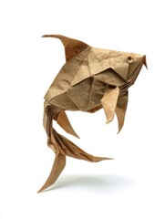 Fototapeta premium Golden Origami Fish Crafted From Textured Paper Isolated On A White Background Studio Shot