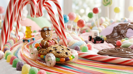 A fun gingerbread man racing a cookie car on a candy land track.
