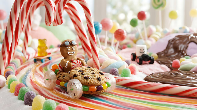 A fun gingerbread man racing a cookie car on a candy land track.