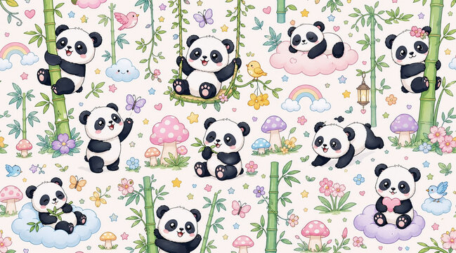 Cute Kawaii Panda Doodle Pattern Illustration