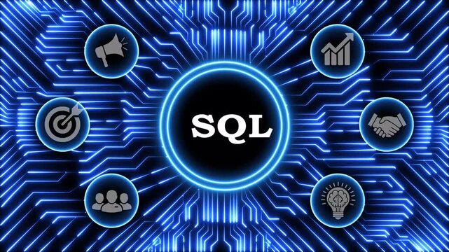 Digital motion background featuring sql concept text on blue circuit board grid.