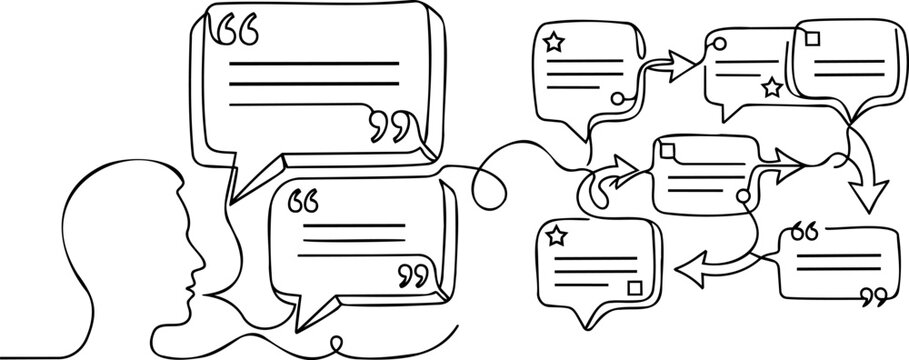 Continuous one line drawing of generic communication chat bubble network and speech concept vector
