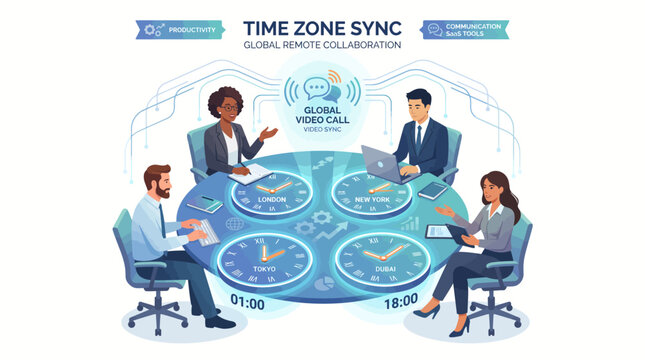Business team collaboration, global time zone sync, clock meeting, international teamwork, office productivity