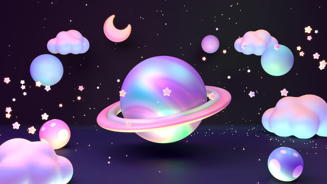3D render of cartoon planet on the floor, surrounded by moon, stars, and clouds.