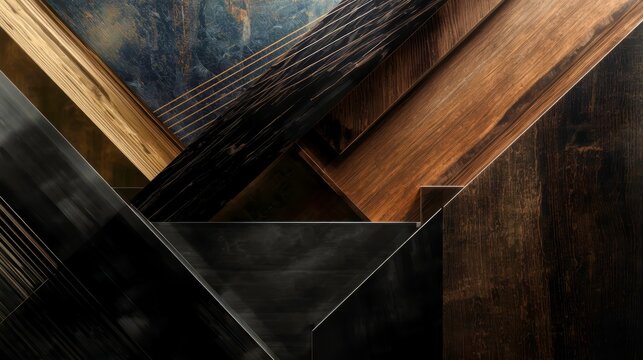Dark wood planks interlace with polished metal pieces