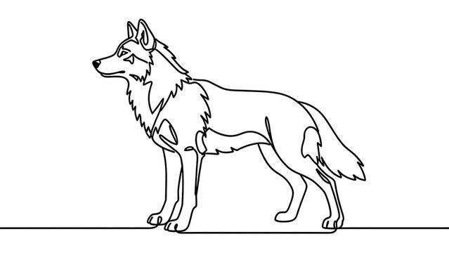 Line art drawing of a wolf on white background.
