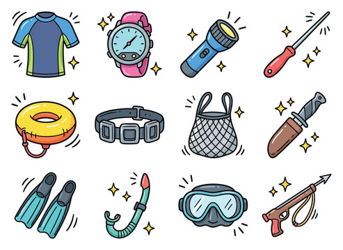 Diving equipment includes a rash guard snorkel mask fins with a speargun and knife for adventure