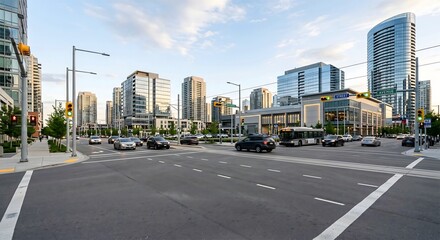 Obraz premium Modern city intersection with traffic. Urban street scene with glass buildings. Downtown.