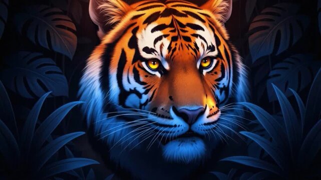 Fiery lion roaring in dark blue night sky with glowing eyes mane wild animal