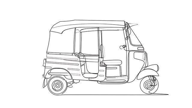 Auto rickshaw line drawing on white background.