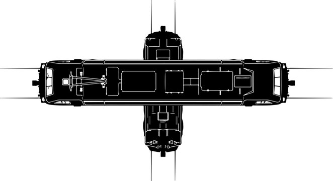 Overhead train track, railroad switch, vector illustration, black and white, transportation infrastructure