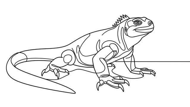Detailed iguana line drawing on white background.