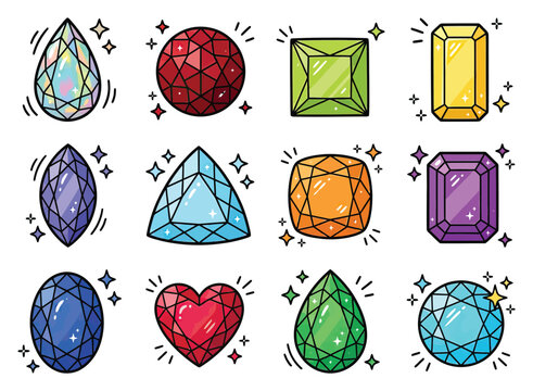 Collection of sparkling colorful gemstones in various cuts and shapes with a happy mood