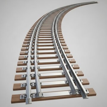 Curving railway track with steel rails and wooden sleepers, perspective view of train tracks on grey background, industrial railroad infrastructure
