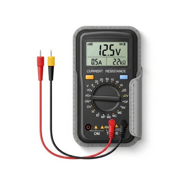 Digital multimeter with LCD display and probes, professional electronic measuring tool for voltage and resistance, portable electrical tester on white background
