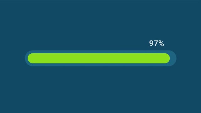 Animated motion graphics showing a green progress bar loading up to 97 percent over a transparent alpha channel background. Represents an asset download, installation status, or system update stage.