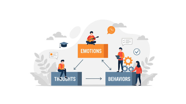 Mental Health CBT Concept flat vector illustration of people connecting emotions, thoughts, and behaviors ideal for psychology blogs and wellness coaching.