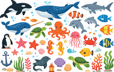Colorful cartoon sea creatures and ocean elements collection with whales dolphins turtles fish coral and shells © MstMahima