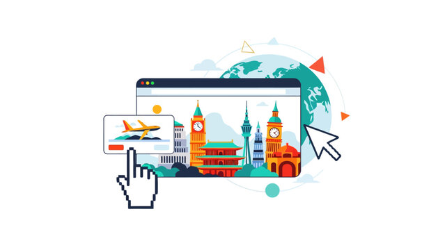 Global Travel Booking stylized browser window with world landmarks and globe background ideal for travel agency websites and digital tourism marketing.