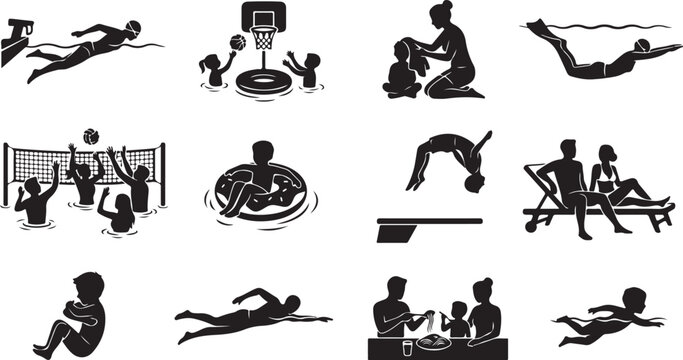 Water Sports and Swimming Pool Silhouette Icon Set, Diving, Floating, Family Leisure and Recreation Black Vector Icons