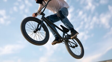 Obraz premium A person riding a black BMX bike mid air against a bright blue sky with scattered white clouds
