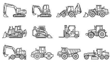 Construction machinery line icons set, heavy equipment vector illustrations, industrial vehicle outlines for building and engineering projects © Fahad