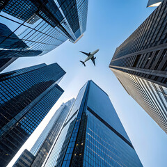Fototapeta premium Low angle view of skyscrapers and airplane