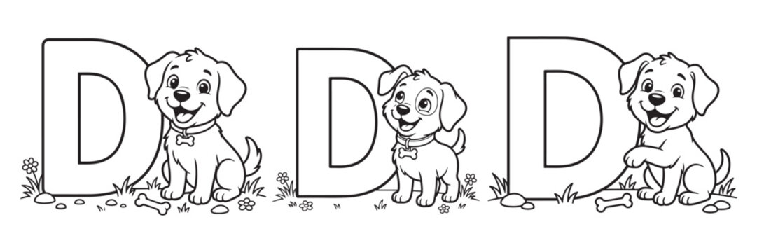 Letter D coloring page with cute puppy, alphabet learning vector for kids, cartoon dog character with capital letter D, preschool educational activity