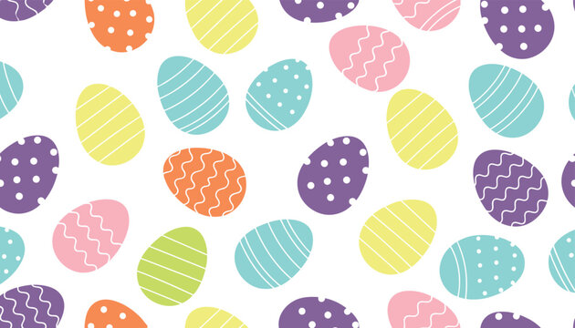 Delightful seamless pattern of colorful easter eggs decorated with dots, stripes, and waves on a plain white background.