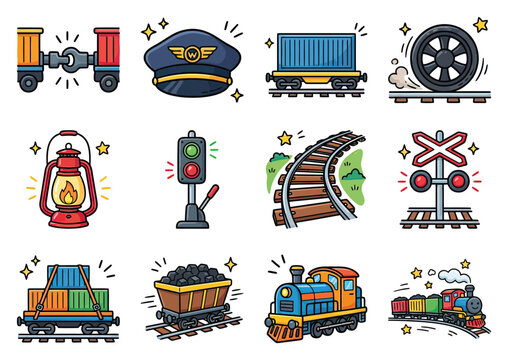 Trains and railway elements with a conductor hat while traveling on tracks for cargo and passengers