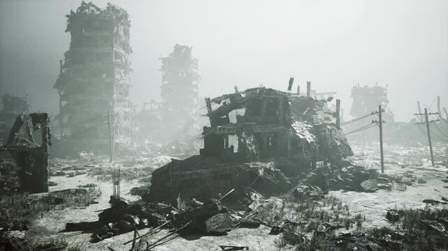Derelict armored vehicle smothered in debris, twisted steel hull, shattered glass, toppled barriers, mist drifting through broken streets, cold monochrome