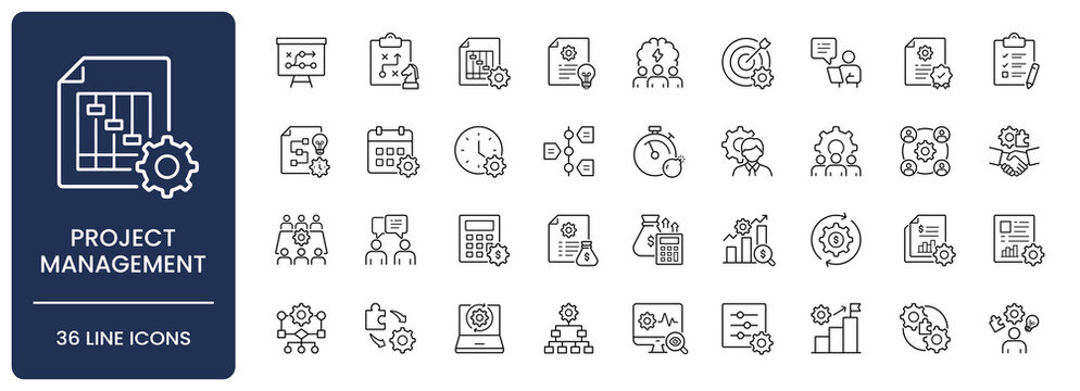 Project management icon set. Collection of business strategy, agile workflow, budget planning, team collaboration and time scheduling line icon vector illustration with editable stroke.