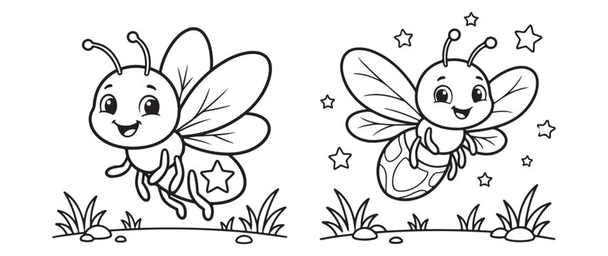 Cute firefly coloring page for kids, cartoon lightning bug vector set, friendly glowing insect characters with stars and grass, black and white line art