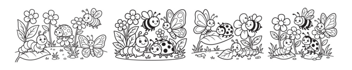 Fototapeta premium Cartoon garden insects coloring page set, cute bug illustrations with butterflies and bees, black and white line art for kids activity book