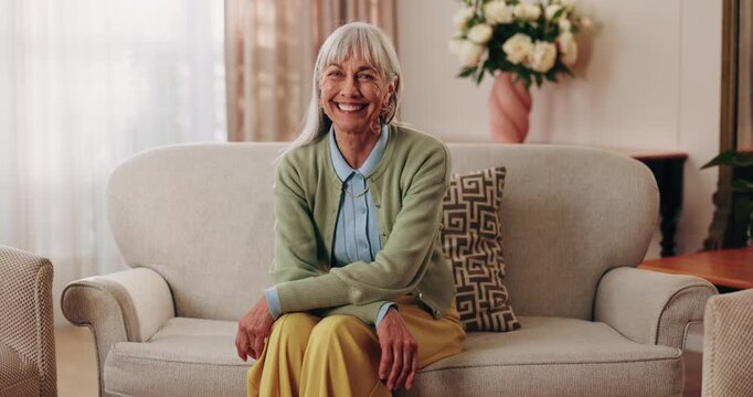Wellness, face or senior woman in house with day off, positive attitude or optimistic for weekend break. Wellbeing, portrait or elderly person with good mood, confidence or happy moment in retirement