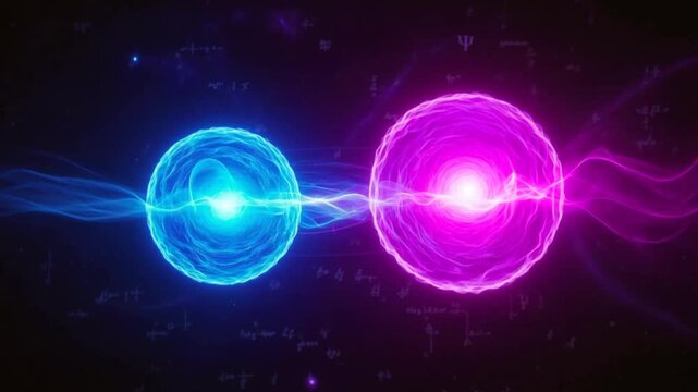 Abstract quantum entanglement in deep space. Two glowing, subatomic particle spheres linked by a powerful wave of energy. Faint physics equations drift in the dark background of quantum mechanics