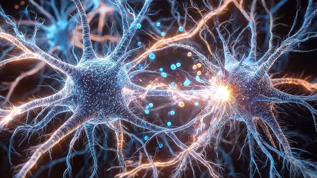 Microscopic neural synapse communication with two glowing neurons dendrites, bridging a connection where bright orange neurotransmitters flash with electrical energy. Brain activity and intelligence