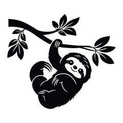 A black and white illustration of a smiling sloth hanging from a tree branch © Novel