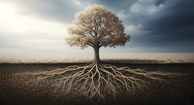 Silhouette of Solitary Tree in Barren Field Under Stormy Sky with Dramatic Lighting