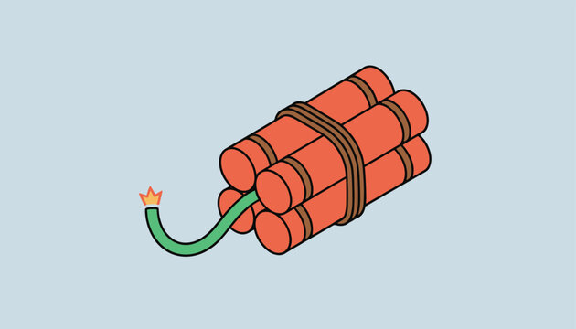 Bundle of red dynamite sticks tied with a rope has a green burning fuse ready to cause an explosion.